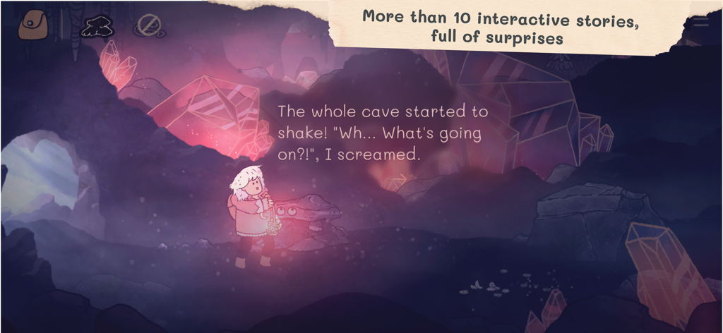 The Storyteller - Omu character exploring a glowing crystal cave in an interactive digital storybook