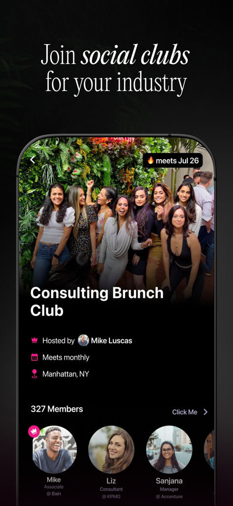 Clockout - Network Socially - Clockout app screen displaying a Consulting Brunch Club event in Manhattan with a photo of members and their professional profiles