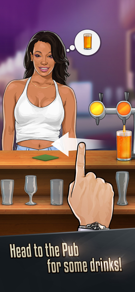 Capture d'écran du gameplay du simulateur de rencontres PUA montrant une interaction dans une scène de bar