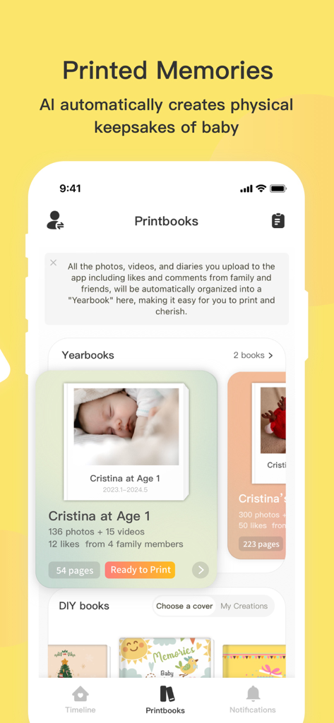 Interfaccia per la creazione e la stampa di libri di ricordi e yearbook per bambini generati dall'IA