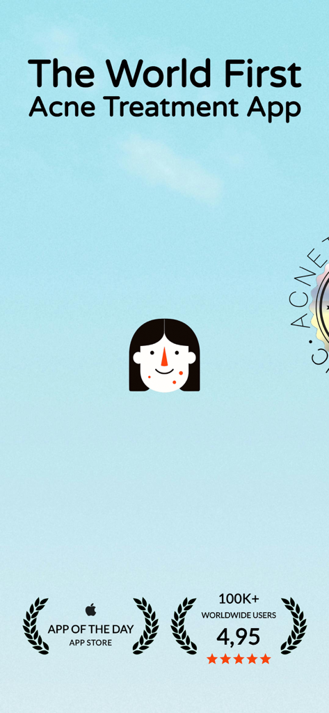 Acnetic: Daily Acne Care - Acnetic app introduction screen highlighting its status as the world first acne treatment app with App of the Day award and high user ratings