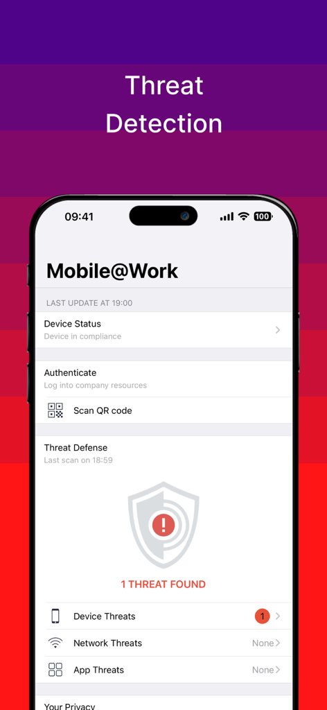Ivanti Mobile@Work™ Client - Ivanti Mobile at Work app showing threat detection screen with one device threat found