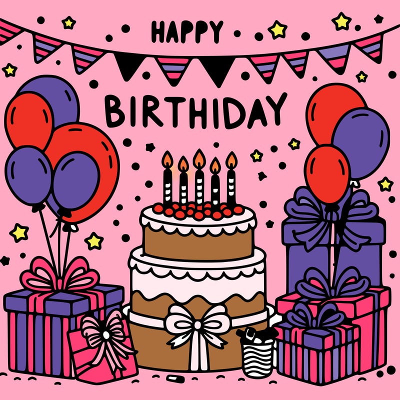 happy birthday with cake balloons and presents