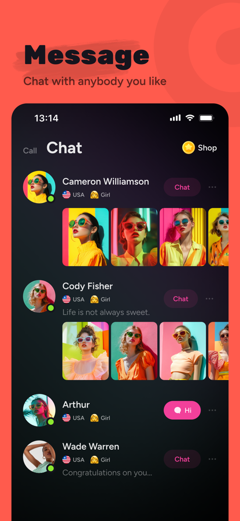 Wee - Online Video Chat - Pantalla de mensajes de la aplicación de videollamadas Wee que muestra una lista de usuarios con los que chatear