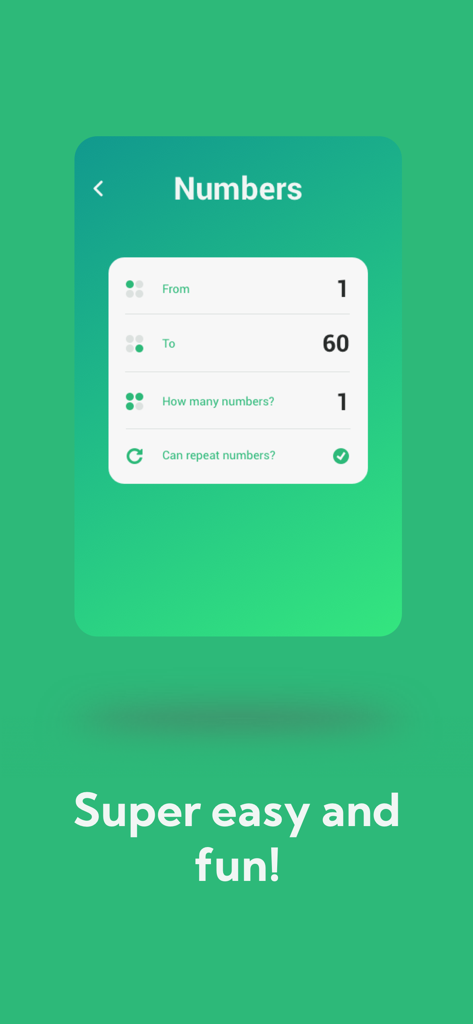 Easy Raffleアプリのランダムナンバージェネレーターインターフェース。カスタマイズ可能な範囲設定が表示されています。