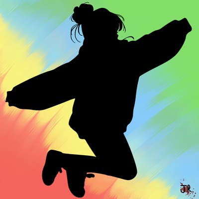 realistic girl jumping with a bun and oversized sweatshirt