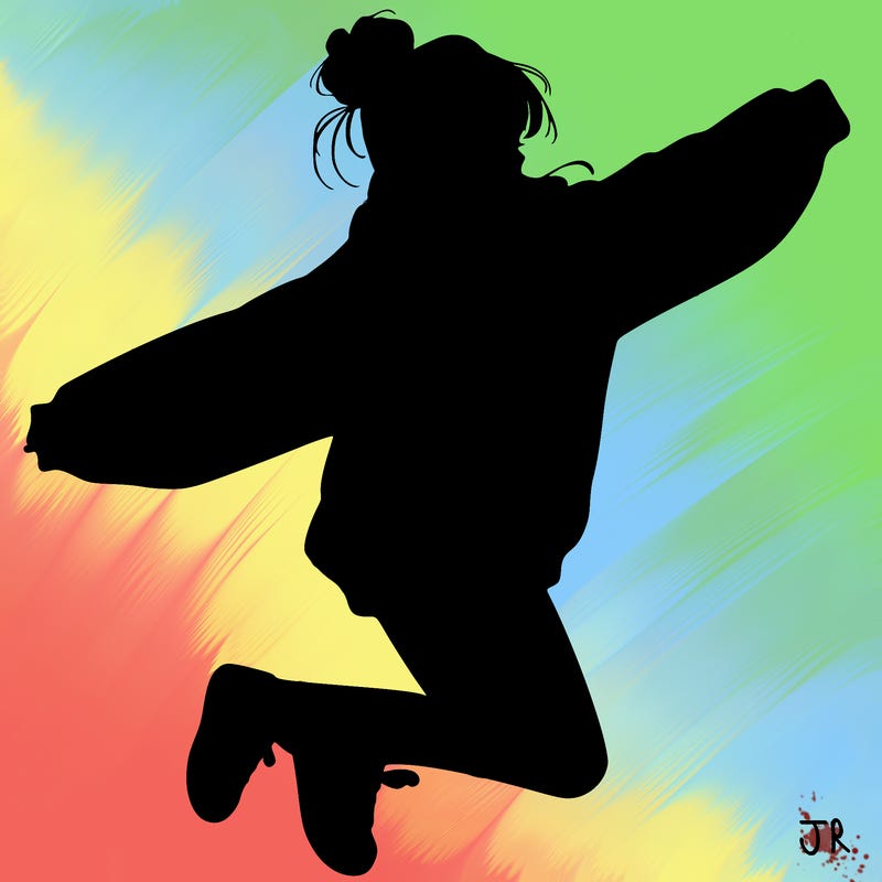 realistic girl jumping with a bun and oversized sweatshirt