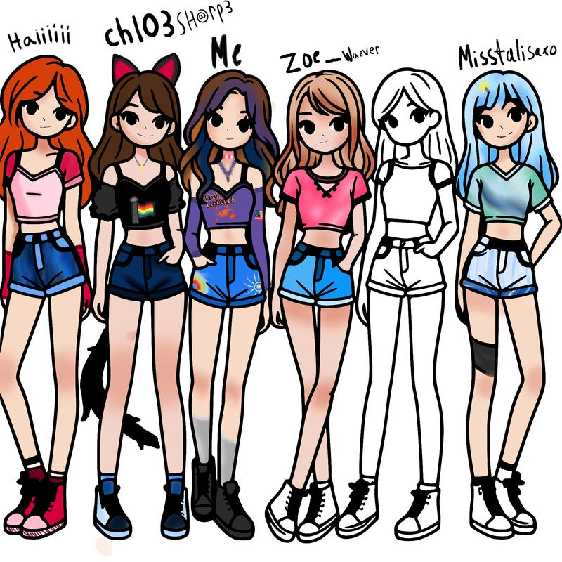a group of girls wearing crop tops and shorts
