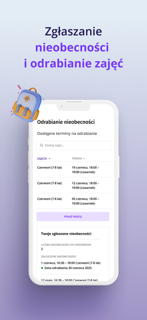 ActiveNow app dashboard for reporting absences and scheduling makeup classes.