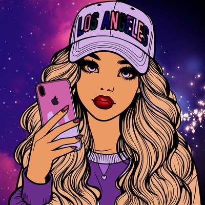 realistic beautiful girl wearing los ángeles cap holding an iphone