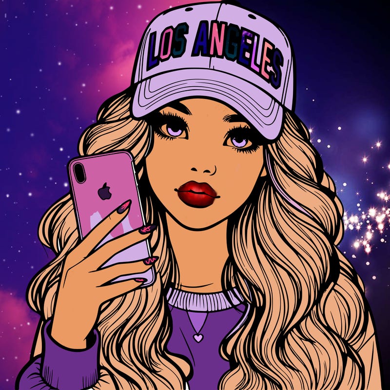 realistic beautiful girl wearing los ángeles cap holding an iphone