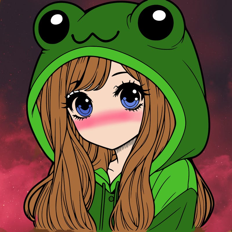 a pretty girl wearing a frog hoodie portrait with long hair