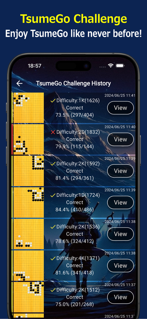 GoQuest - Screenshot of the GoQuest app showing Tsumego puzzle history with difficulty levels and success rates.