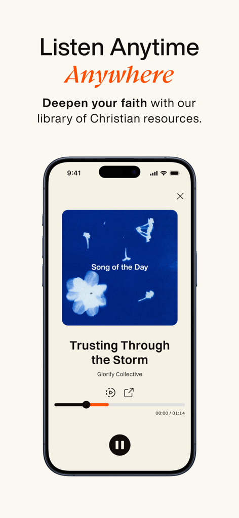 Audio player screen in the Glorify app featuring Christian worship music and meditations.