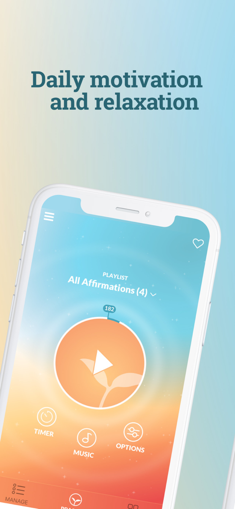 ThinkUp: Gift Premium - Interfaz de la aplicación ThinkUp que muestra una lista de reproducción de afirmaciones con un botón de reproducción y opciones de música y temporizador