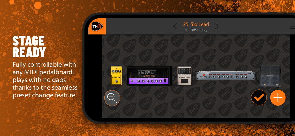 Overloud THU - Pantalla de smartphone mostrando la interfaz del simulador de amplificador de guitarra Overloud TH-U con una cadena de señal personalizada y texto de funciones MIDI listas para el escenario