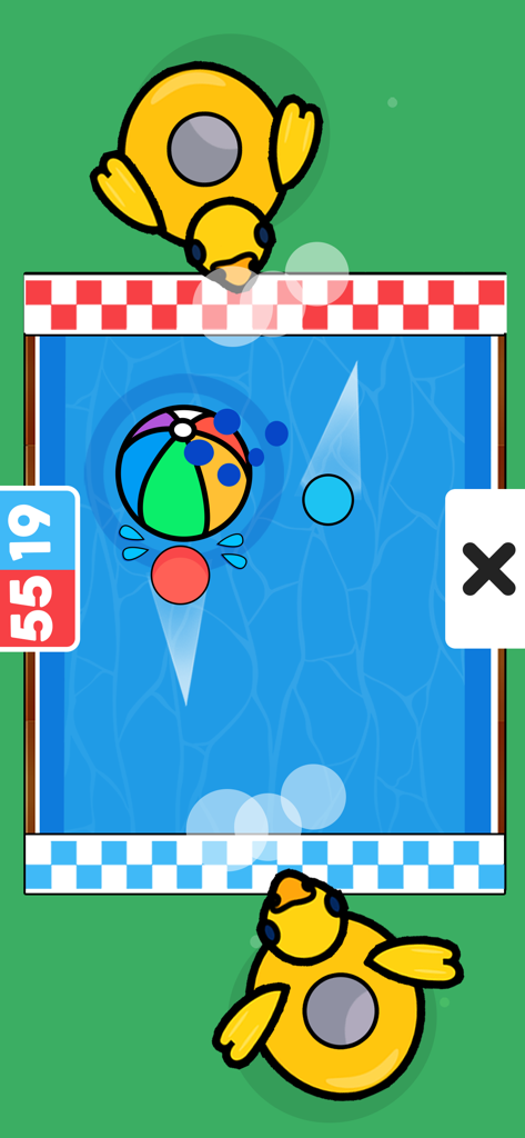 Two Player Game: 1v1 Challenge - Vista dall'alto di un mini-gioco di piscina di anatre 1v1 in cui due giocatori competono usando anatre gialle e una palla da spiaggia.