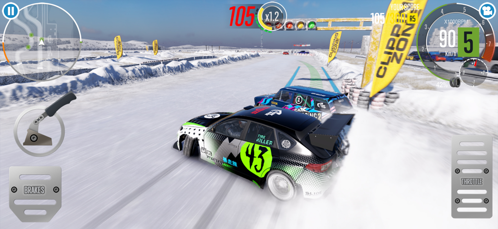 Tandem drifting simulation with custom sports cars on a snowy racetrack