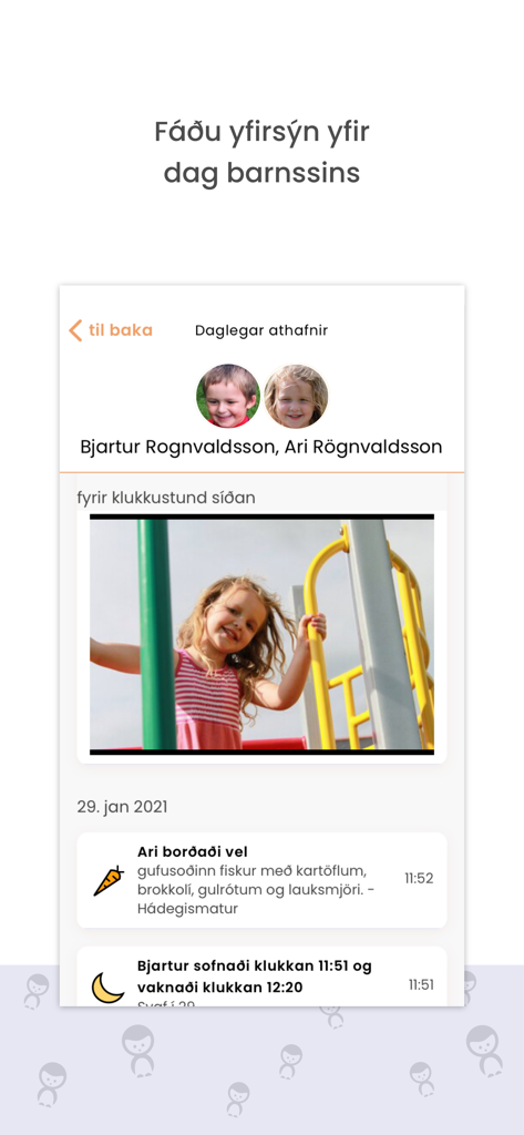 Karellen - Interface do aplicativo Karellen exibindo um feed de atividades infantis e registros diários.