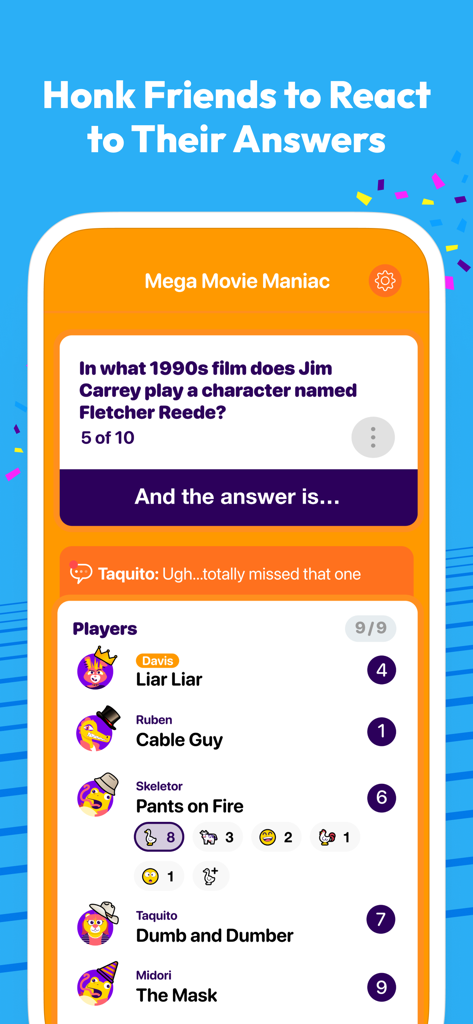 Sporcle Party trivia game screen with a movie question and player reactions