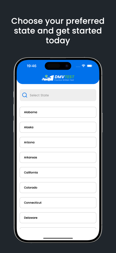 DMV Written Test Prep 2026 - Pantalla de la aplicación Preparación Examen Teórico DMV que muestra una lista de estados de EE. UU. para seleccionar para las pruebas de práctica