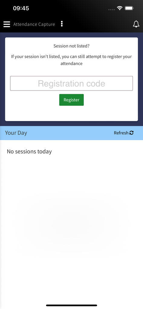 Attendance capture screen in the MyNorthampton app with a registration code input field