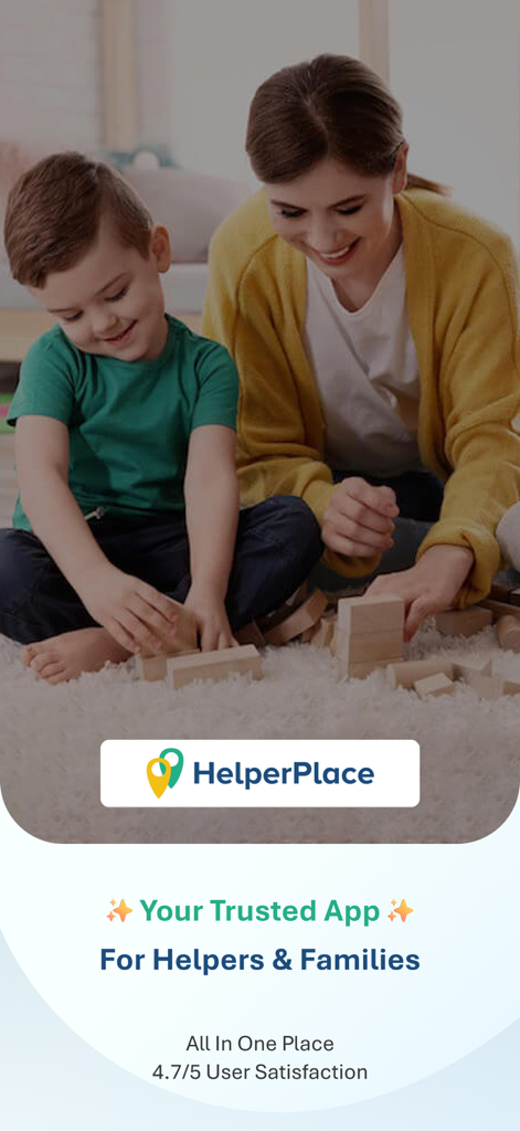A woman and a child playing with wooden blocks on a rug representing domestic care services.
