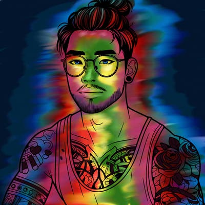 young attractive asian man with a man-bun, glasses, and tattoo's