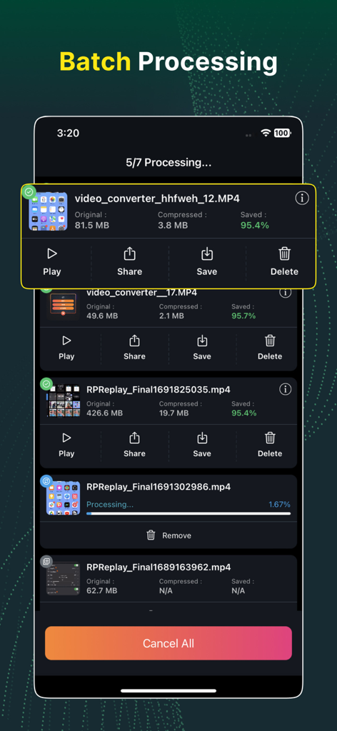 Video Converter and Compressor - 圧縮統計情報とともに複数の動画ファイルのバッチ処理を示す動画変換・圧縮アプリのインターフェース