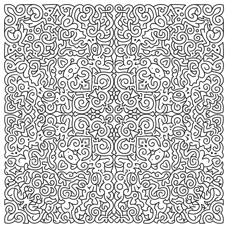 Unleash your creativity with this intricate abstract form grid pattern coloring page. Explore a world of swirling lines and symmetrical shapes, offering a deeply satisfying coloring experience.