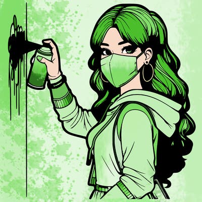 realistic girl with mask spray painting a wall