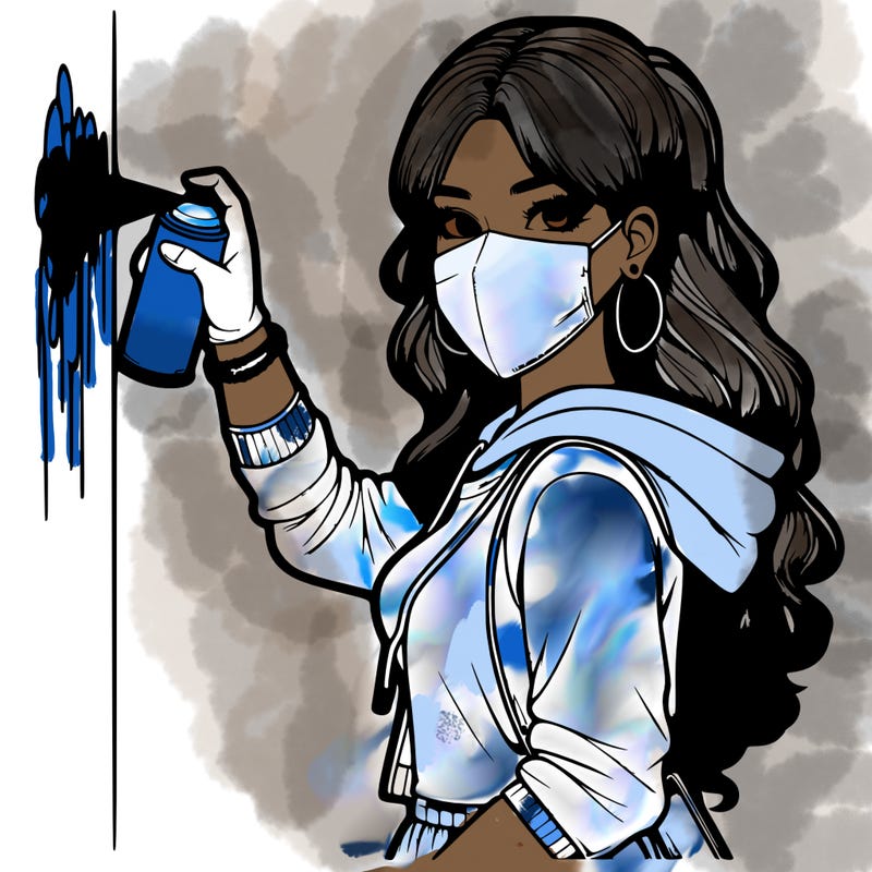 realistic girl with mask spray painting a wall