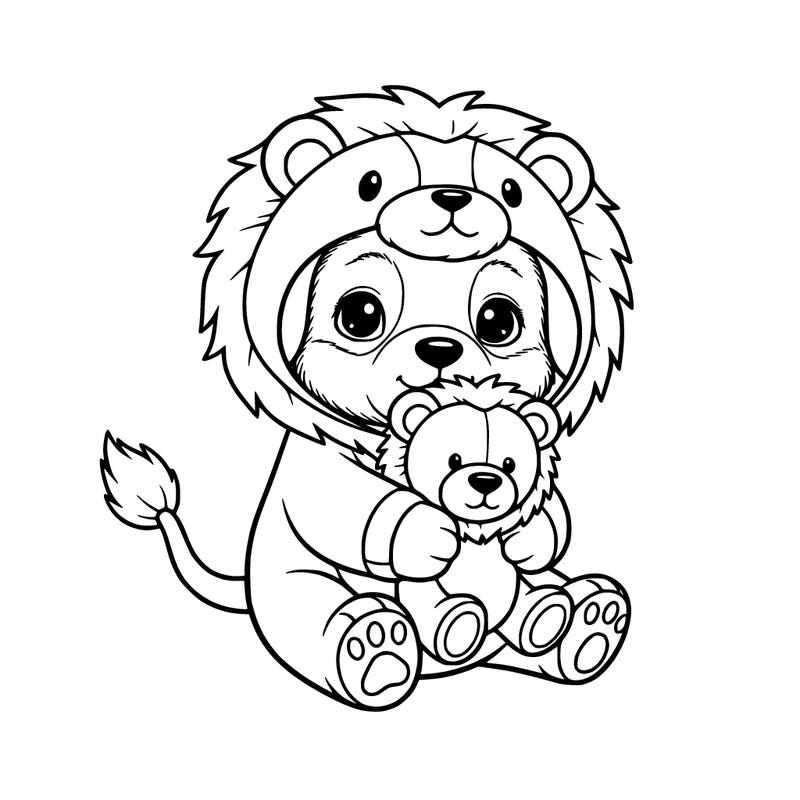 cute puppy with lion oufit holding a lion teddy