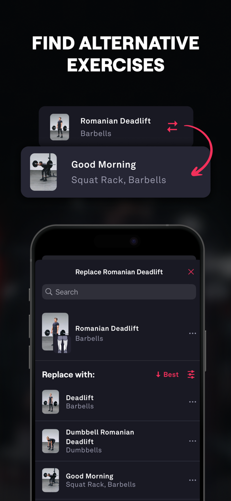 Fitbod mobile app interface showing a list of alternative exercises to replace a Romanian Deadlift