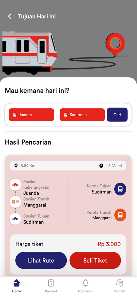 C-Access app screen displaying train route search results from Juanda to Sudirman including ticket price and purchase options