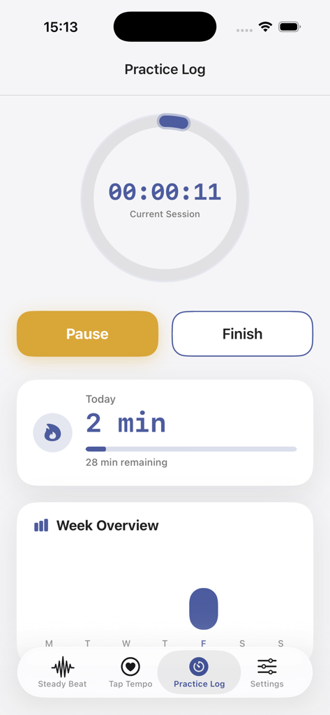 Beat Stamps - Beat Stamps app Practice Log screen showing session timer daily goal progress and weekly activity chart