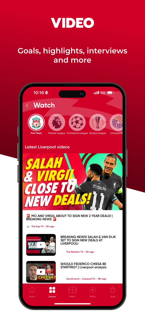 The Kop - Live Scores & News - The Kop app Watch section featuring Liverpool FC video highlights and breaking news