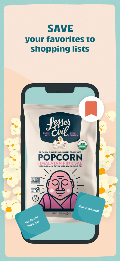 Trash Panda - Food Scanner - Trash Panda app screen showing how to save favorite healthy food products to personalized shopping lists