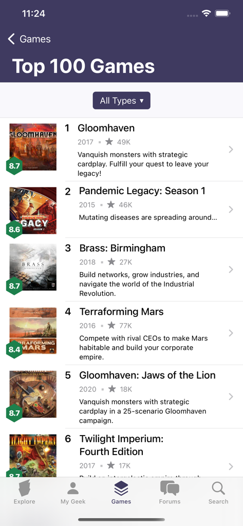 BoardGameGeek - App mobile BoardGameGeek che mostra la lista dei Top 100 Giochi con valutazioni e classifiche