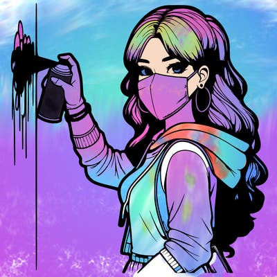 realistic girl with mask spray painting a wall