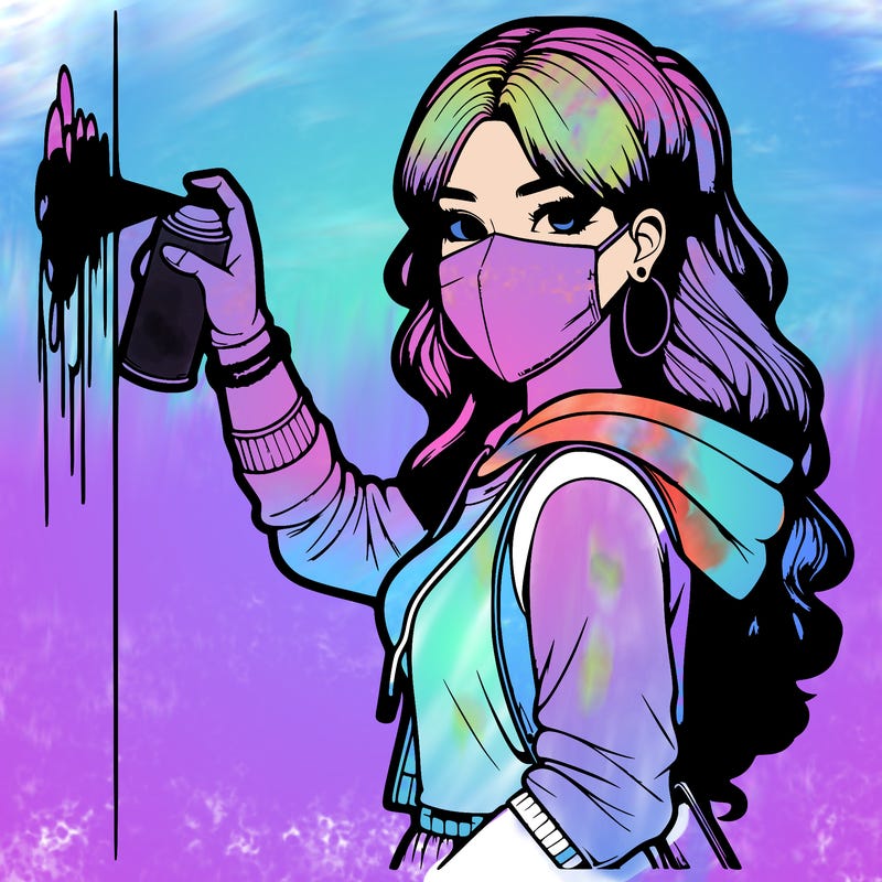 realistic girl with mask spray painting a wall