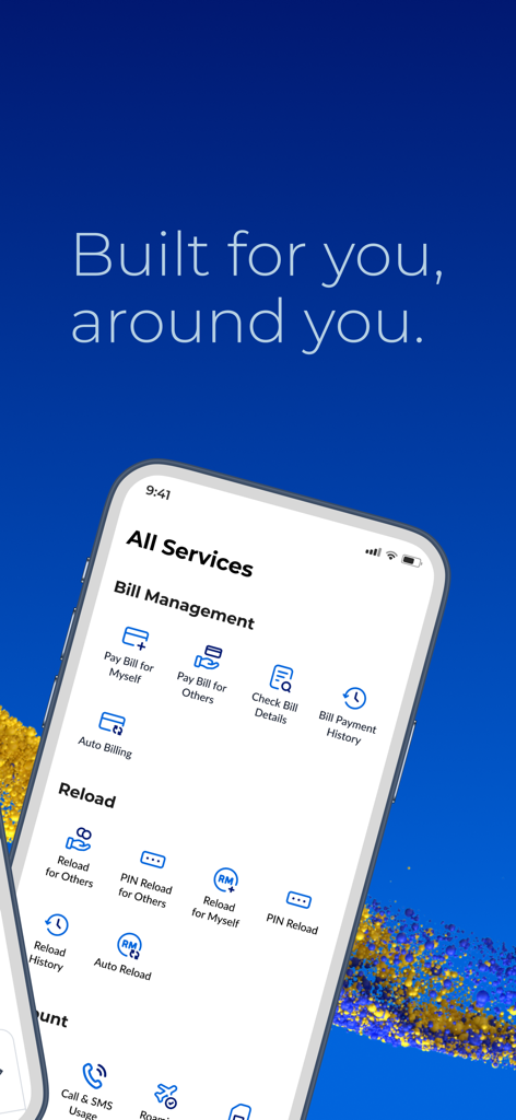 CelcomDigi app interface with bill management and reload options.