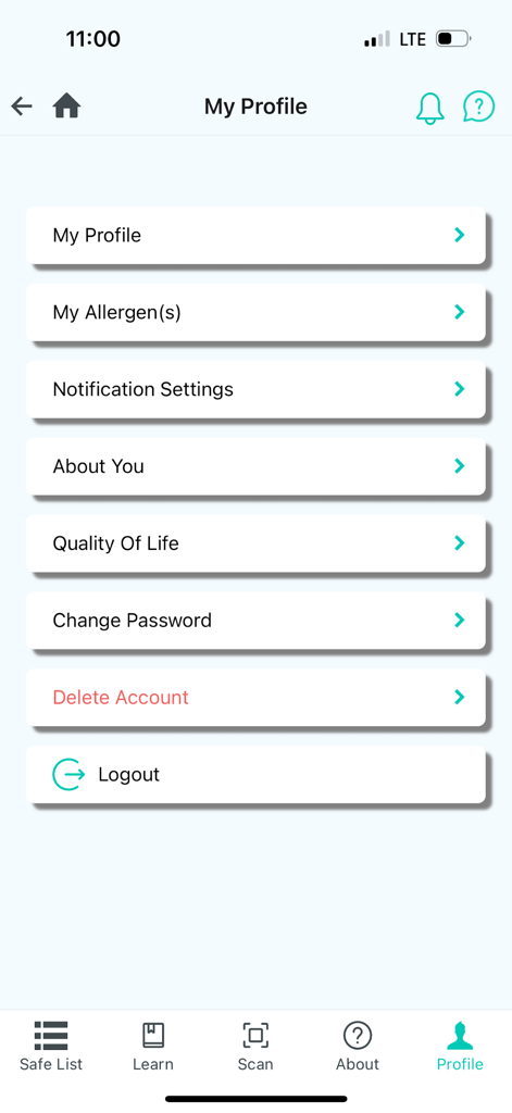 ACDS CAMP - A screenshot of the user profile settings screen in the ACDS CAMP app showing menu options for allergens and account management