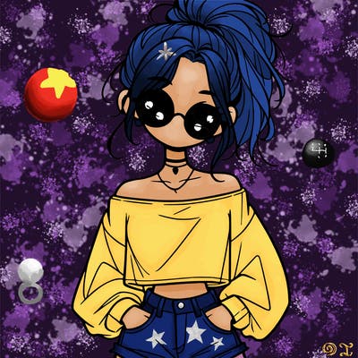 girl with a messy ponytail glasses a baggy crop top and jean shorts