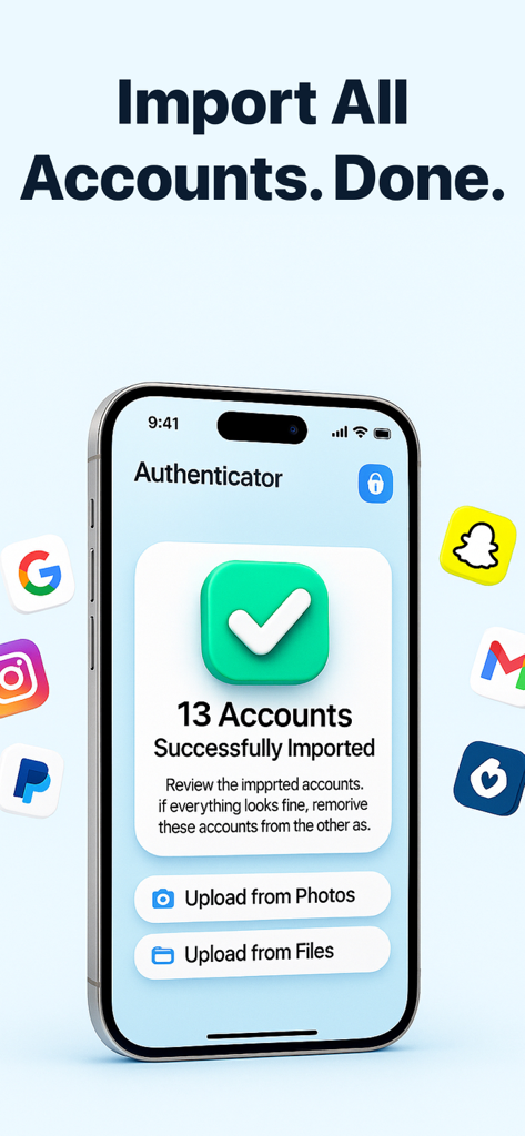 Authenticator App: 2FA OTP - Smartphone-Bildschirm zeigt den erfolgreichen Import von dreizehn Konten in der Authenticator App