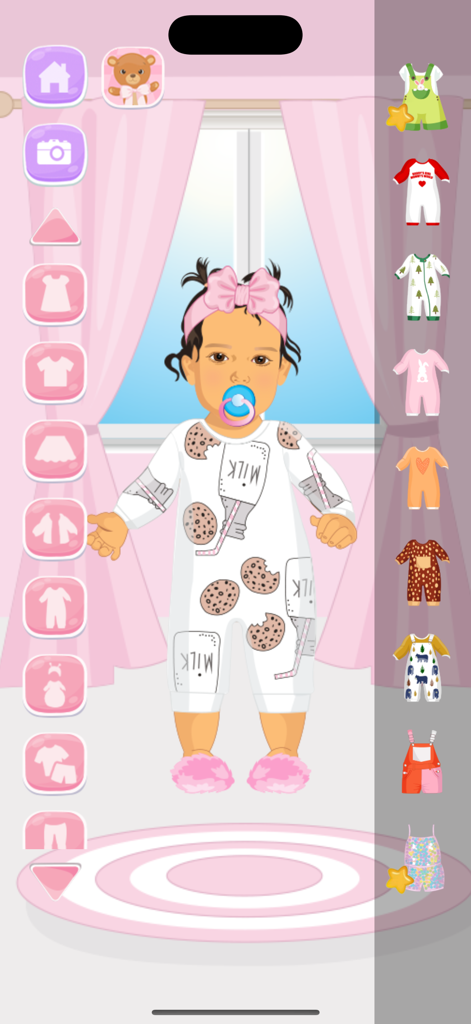 Fashion Baby: Dress Up Game - ミルクとクッキーのパジャマとピンクのリボンヘッドバンドを着た、カスタマイズメニューのあるドレスアップゲームのベビーキャラクター