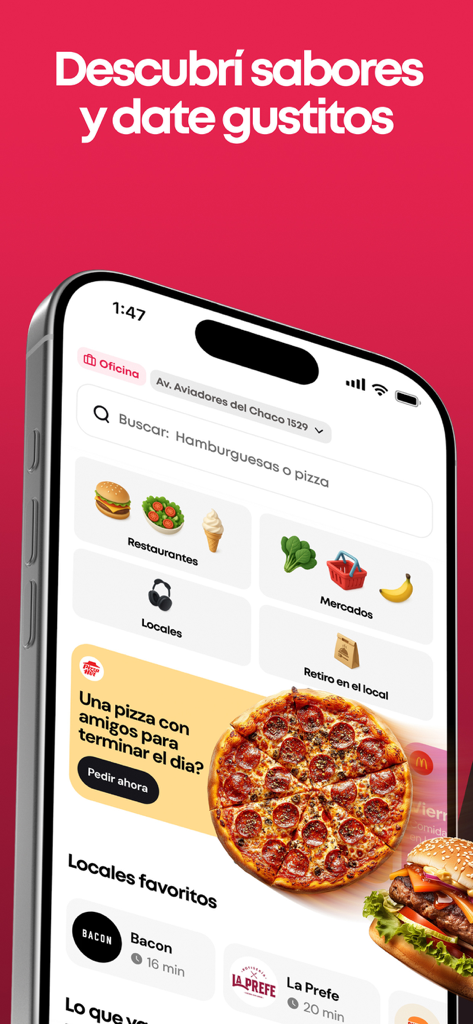 Monchis - Delivery App - スマートフォンに食品と市場のカテゴリが表示されているMonchisデリバリーアプリのインターフェース。