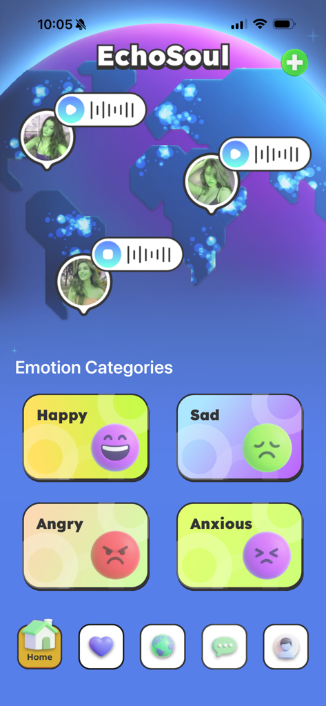Taggo - Adult Companion，Chat - EchoSoulアプリのホーム画面。ボイスメッセージマップと、幸せ、悲しみ、怒り、不安の気分カテゴリが表示されている。