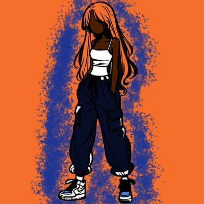 girl in baggy pants crop top and long hair