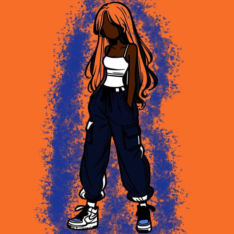 girl in baggy pants crop top and long hair